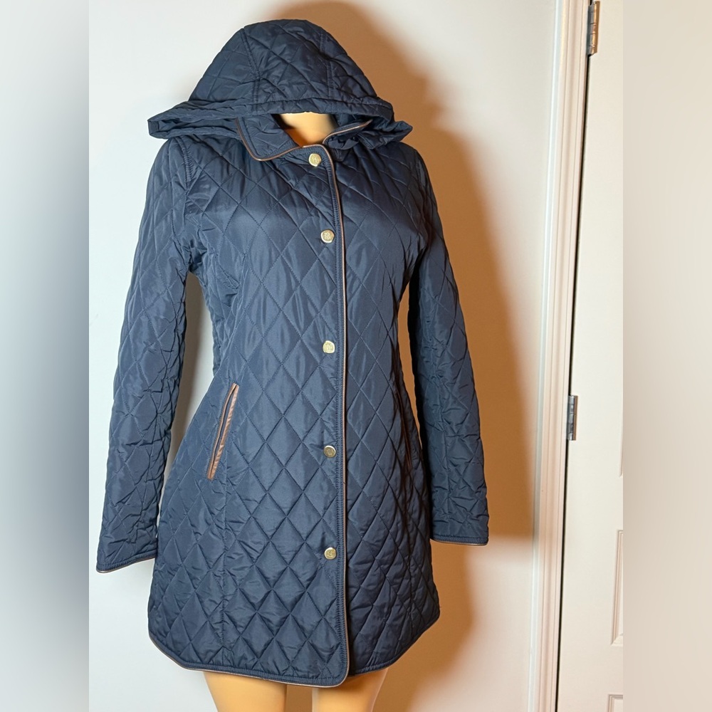Ralph Lauren Navy Quilted Hooded Puffer with Brown Trim - Picture 3 of 12